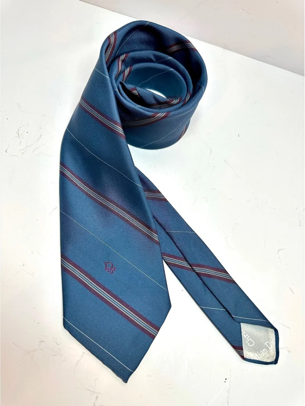 Vintage Christian Dior Blue Burgundy Striped Tie Embroidered Logo